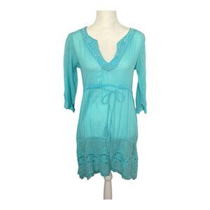 Antica Sartoria Dress Womens Medium Aqua Cotton Embroidered Boho Beach Dress